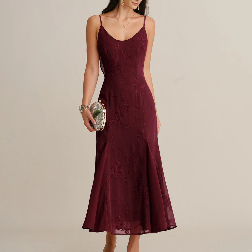 Weinrotes Meerjungfrauen‑Maxikleid mit Trägern, Stickerei und Korsett‑Rückenteil