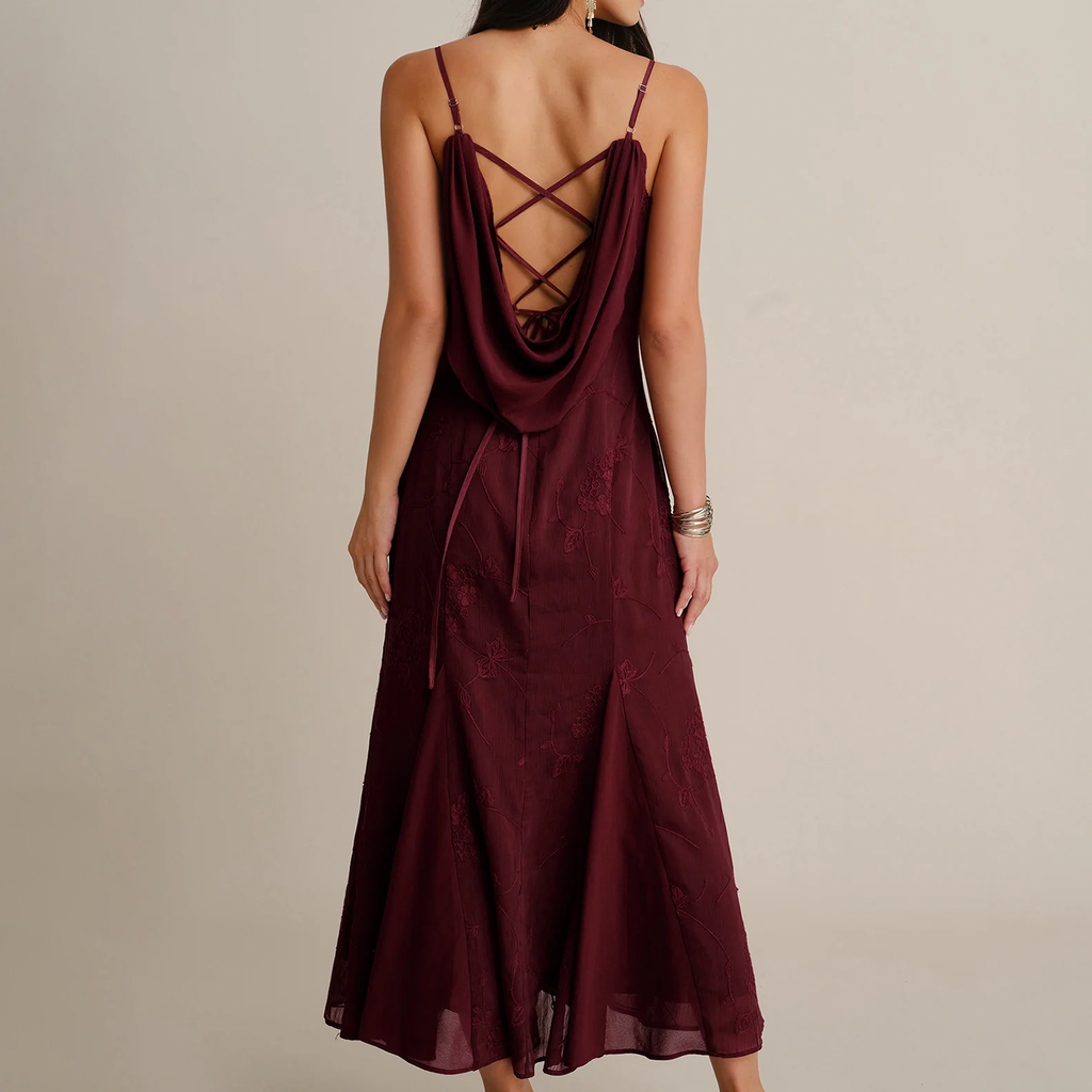 Weinrotes Meerjungfrauen‑Maxikleid mit Trägern, Stickerei und Korsett‑Rückenteil